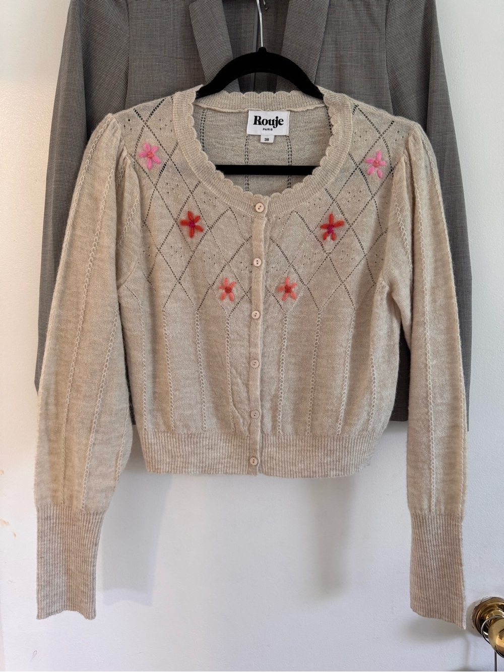 Rouje Beige Knit Cardigan with Pink and Red Floral Embroidery